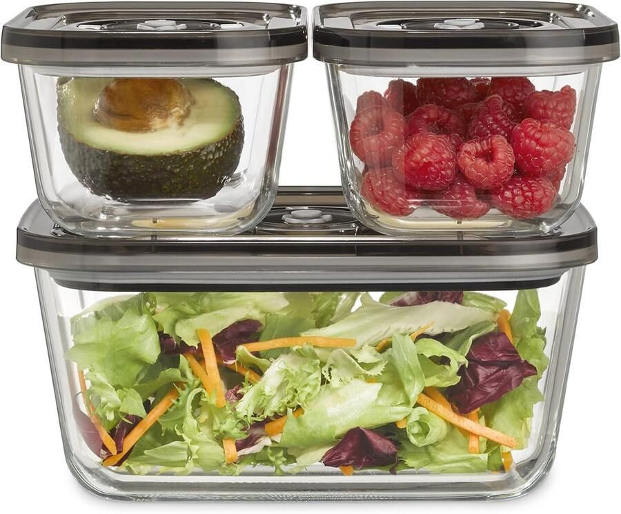 Vacuümcontainers Set van 3 Borosilicaatglas BPA-vrij Hittebestendig Vaatwasmachinebestendig
