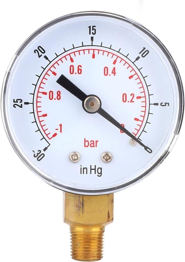 Vacuümdrukmeter voor Water Olie Lucht of Gas -1-0Bar ​​-30-0inHg Testbereik 50 Mm 1 8 BSPT Onderkant Messing Aansluiting Kleine Lage Manometer