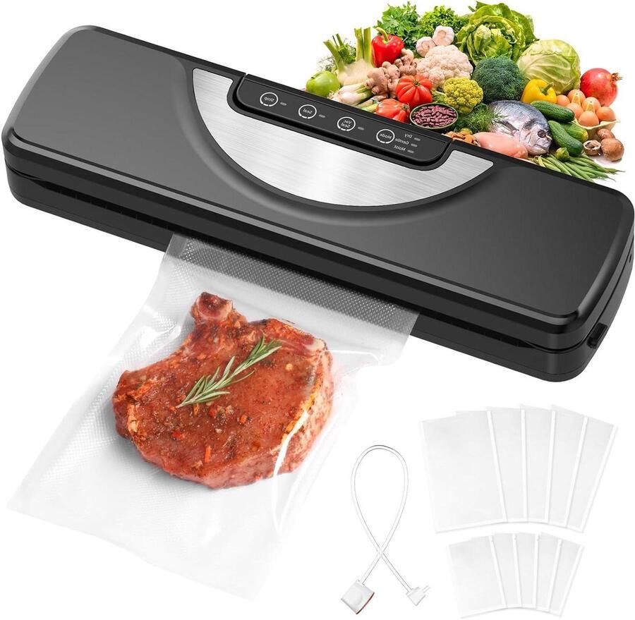 Vacuümmachine 5-in-1 Vacuümapparaat Folielasapparaat Levensmiddelen Bewaren Ingebouwde Cutter 11x40x14.5 cm Zwart