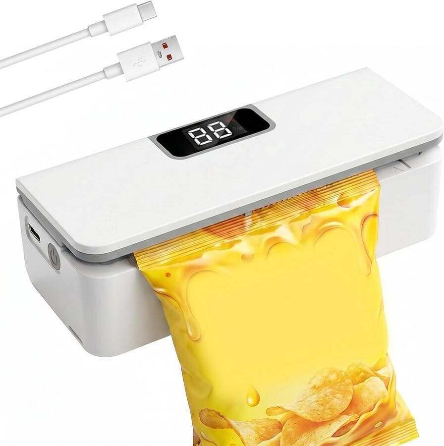 Vacuümmachine Mini Zaksluitmachine met 8 instelbare Vacumeermachine Vacuüm Sealer BPA-vrij Seal Apparaat 2-in-1 Zaksluitmachine en snijder voor chipszakken LED-display Voor voedselzakken en snackzakjes Wit