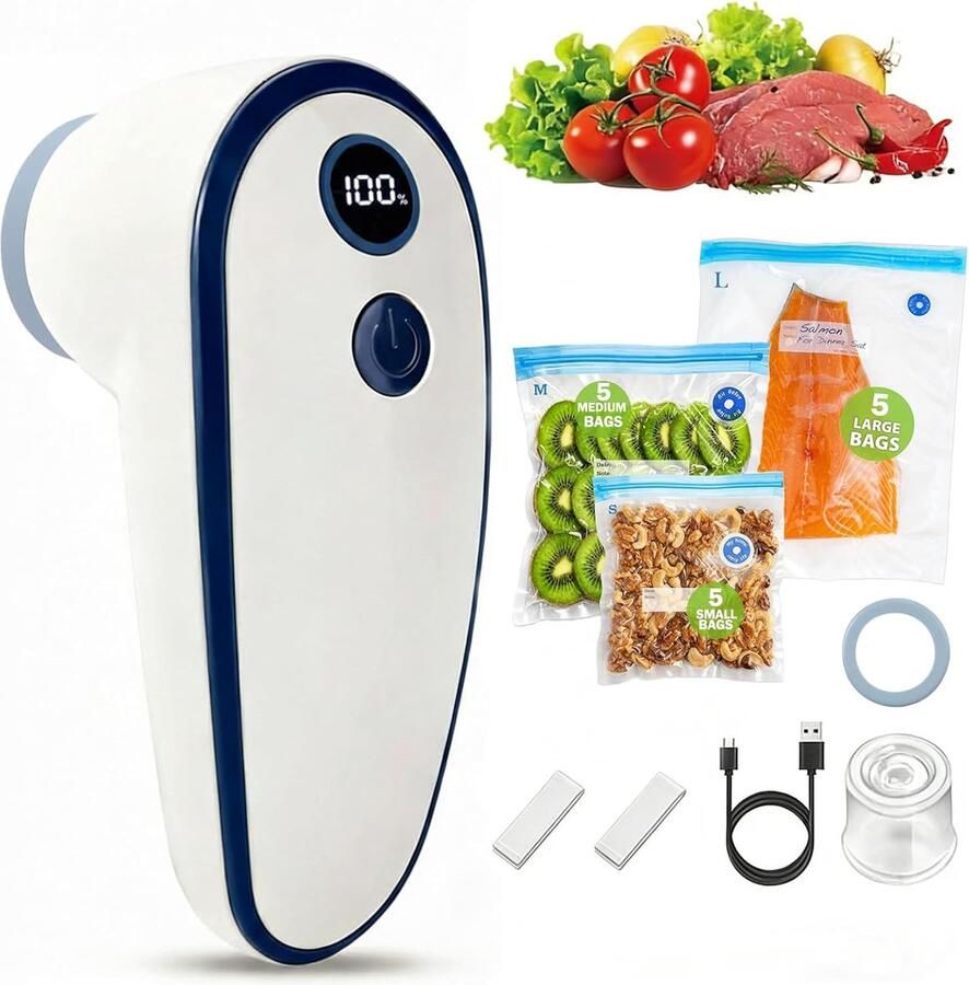 Vacuümmachine voor levensmiddelen inclusief 15 herbruikbare vacuümzakken compacte en oplaadbare vacuümpomp met 60 kPa ideaal voor het vacuüm bewaren van groenten vlees fruit
