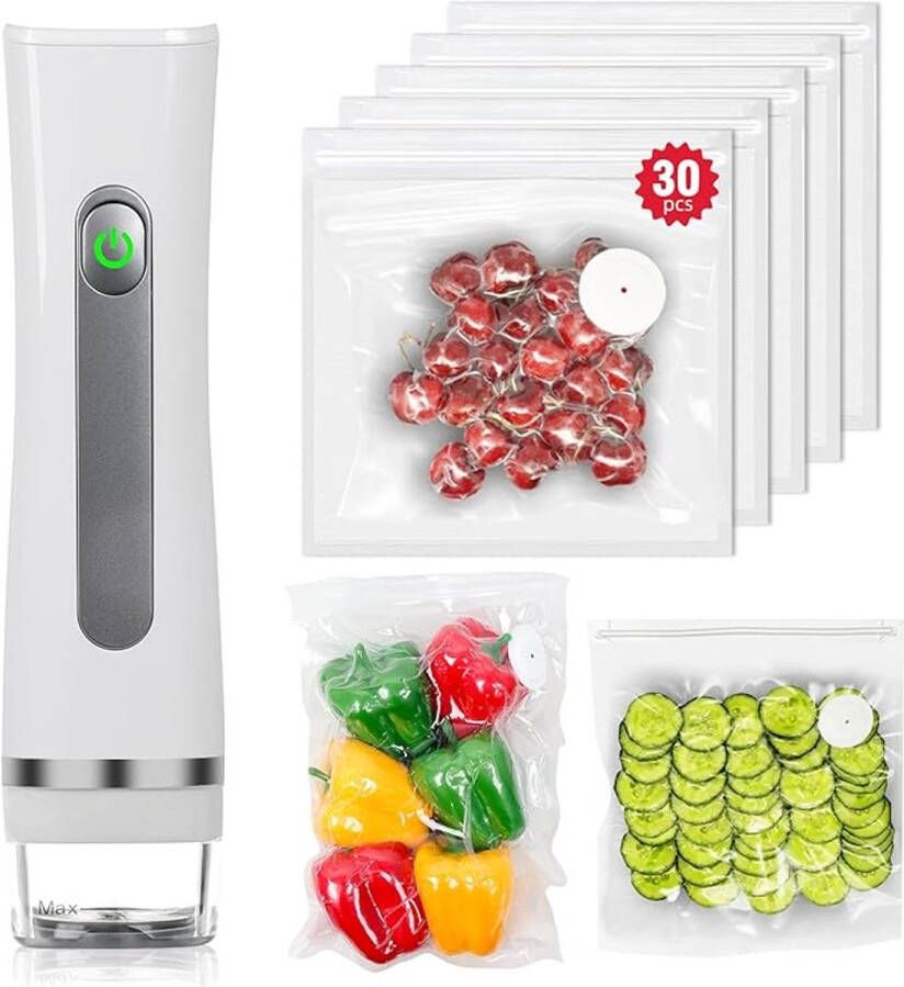 Vacuümmachine voor voedsel handbediende vacuümmachine draagbare vacuümmachine met 30 herbruikbare zakken voor vacuümverpakken en voedselbewaring (sealer + 30 zakken)