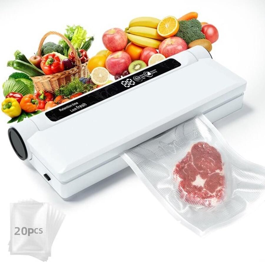 Vacuümmachine voor voedsel Volledig automatische vacuümmachine voor thuis Vacuümmachine voor kleine keukens Vacuümverpakkingsmachine voor voedsel Sterke zuigkracht Natte en droge modus Inclusief 20 vacuümzakken Compact en lichtgewicht
