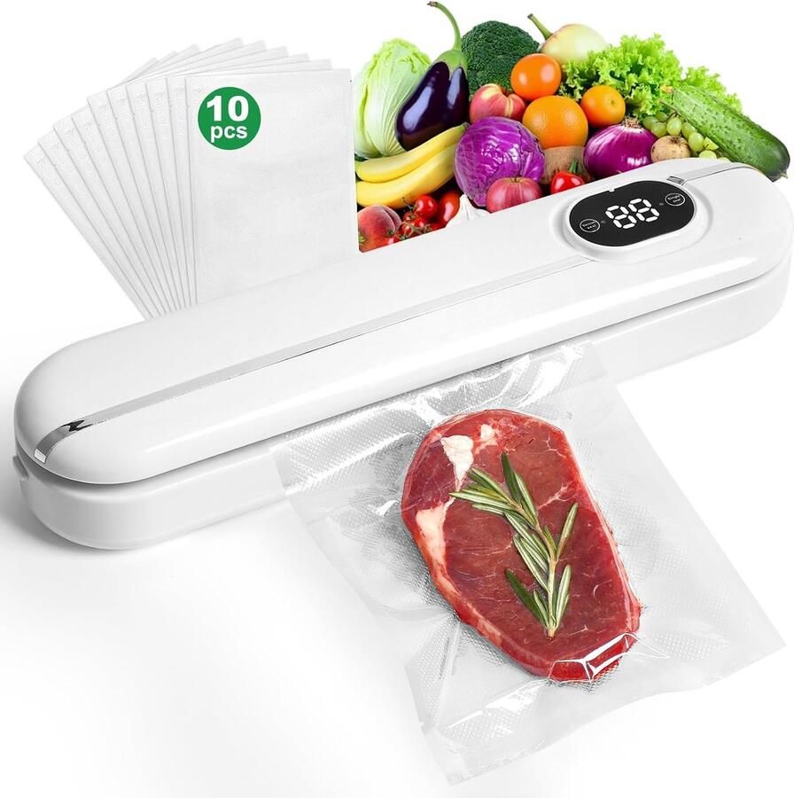Vacuümsealer + 10 vacuümzakken – wit voor keuken – voor vlees groenten en restjes
