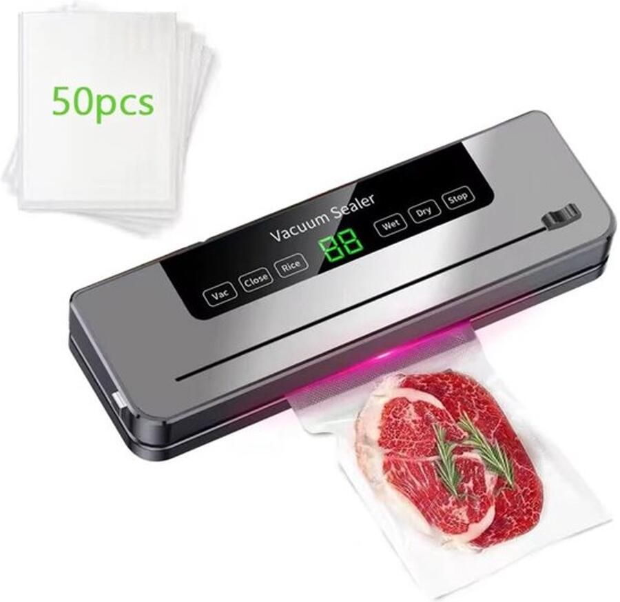 Vacuümsealer 6-in-1 vacuümsealer voor levensmiddelen met 50 vacuümzakjes film-sluitmachine met snijder en digitale afteltimer voor droog vocht en versheid