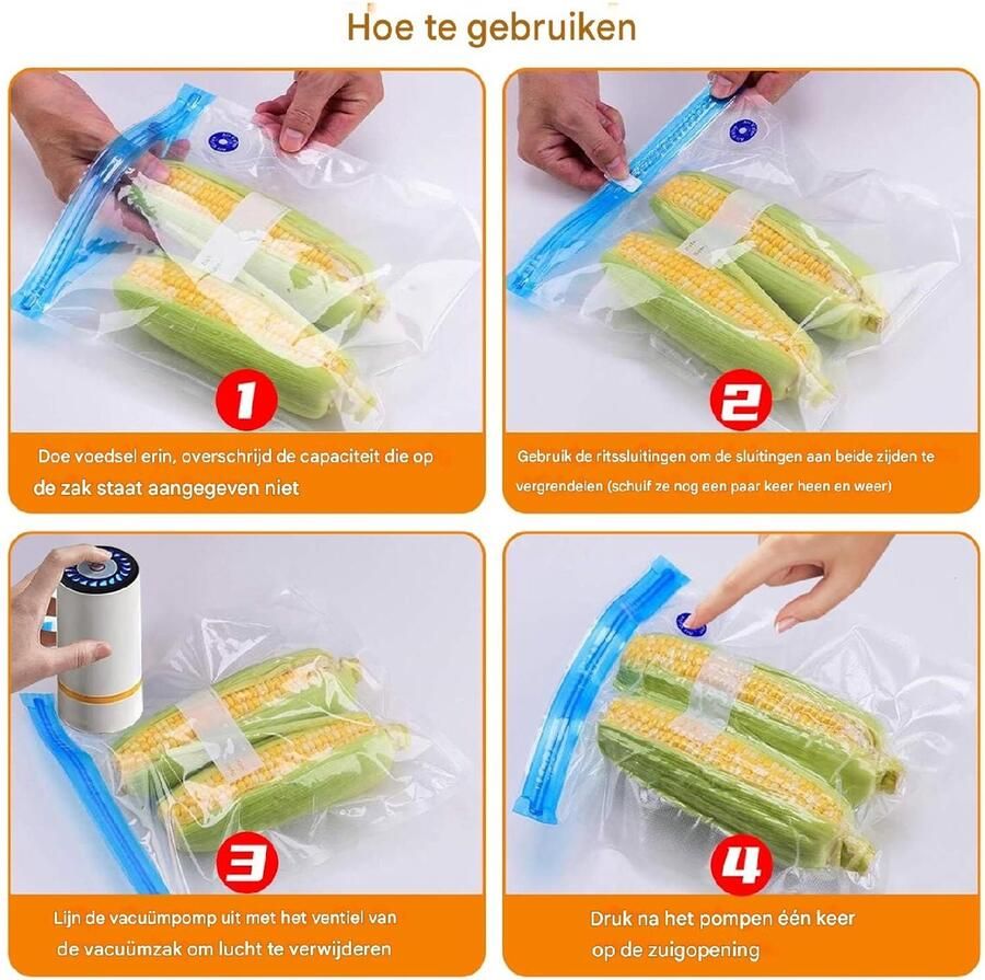 Vacuümsealer Handmodel USB oplaadbaar Inclusief herbruikbare zelfsluitende zakken Compacte en draagbare vacuümsealer Geschikt voor het vacuümverpakken van droge en natte voedingsmiddelen