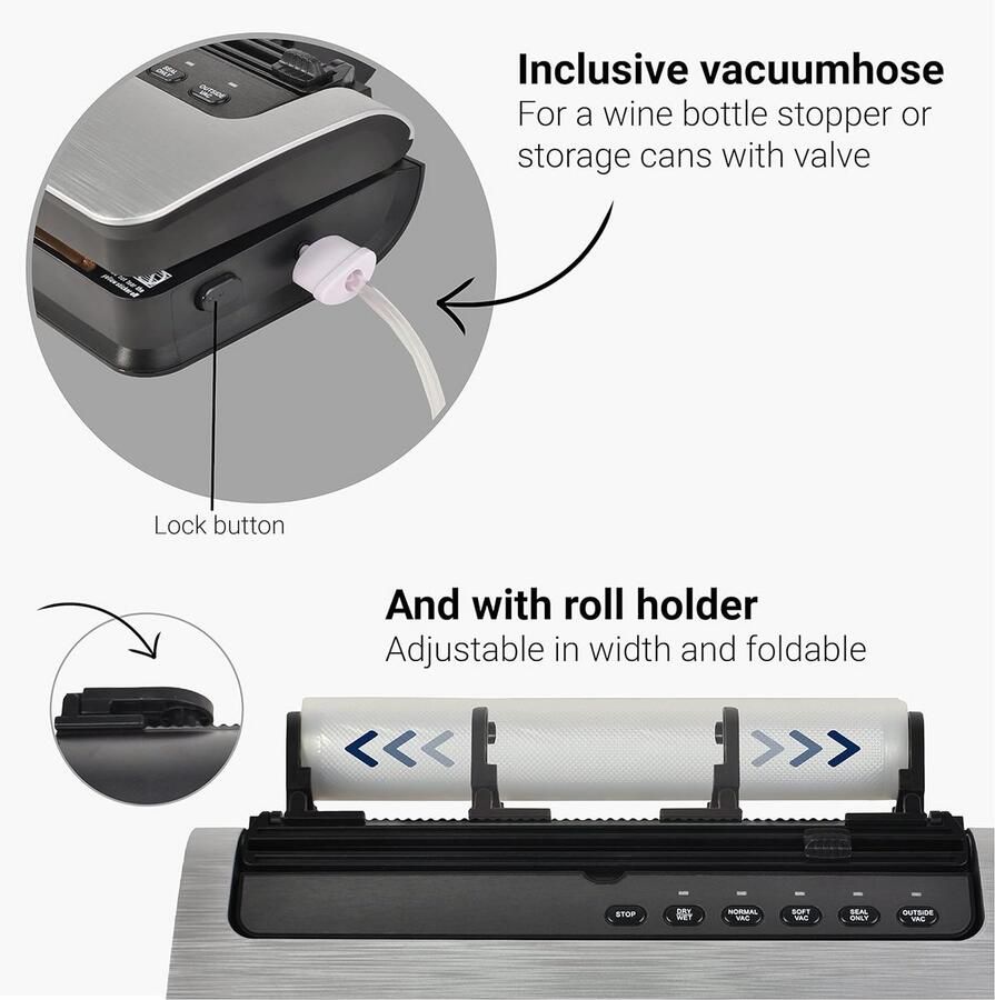 Vacuumsealer met 5 standen voor droge vochtige en drukgevoelige en Folierolhouder Roller Cutter Inclusief vacuümzakken en 3m folierol