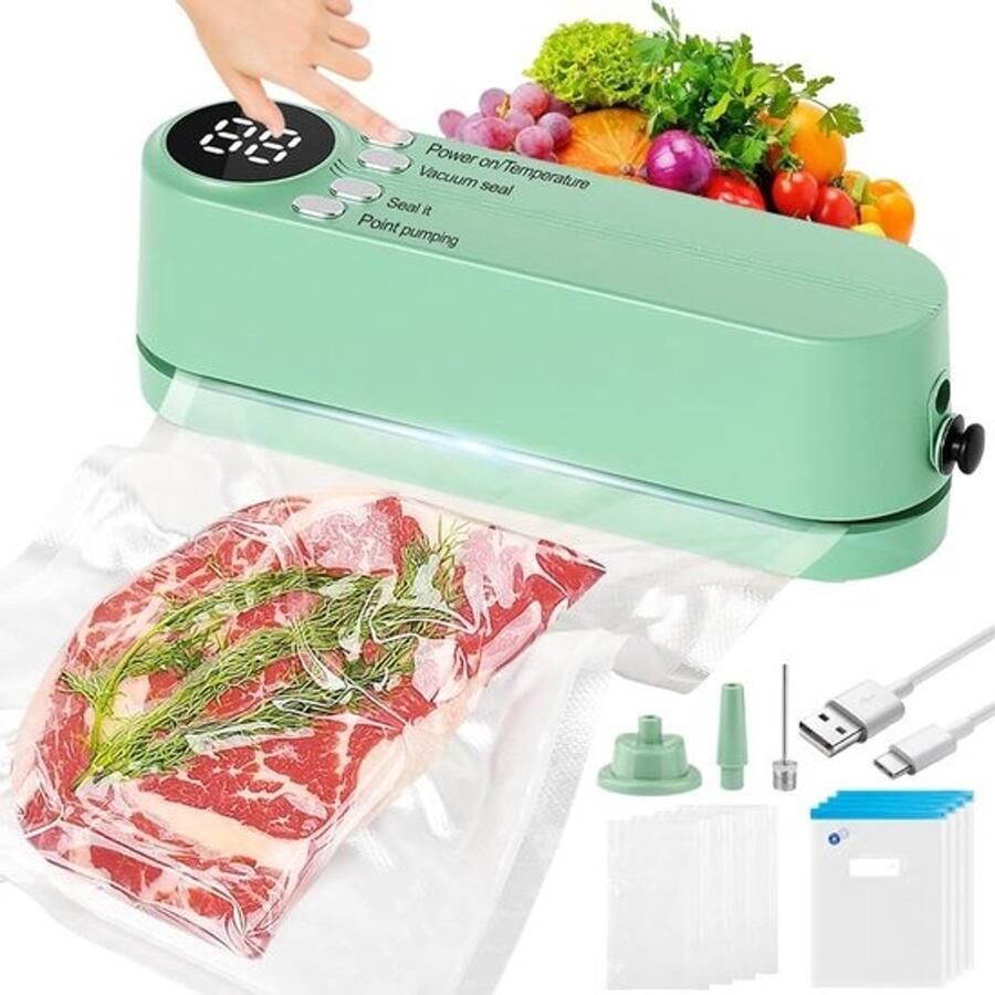 Vacuümsealer set Mini-voedselsealer Voedsel bewaren 3-in-1 functies 8 zakken inbegrepen Groen