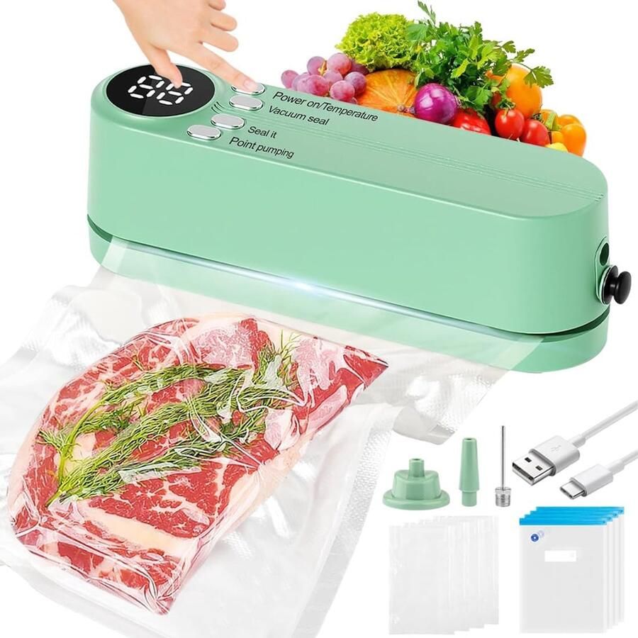 Vacuümsealer Set Voedselbewaarder Mini Voedsel Vers Houden 3 Dagelijkse Modi Inclusief 8 Zakken Groen