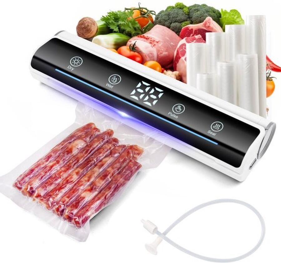 Vacuümsealer thuissealer voor voedselcompressie voor het bewaren van voedsel scheiding van droog en nat voedsel met 10 sealzakken (wit)