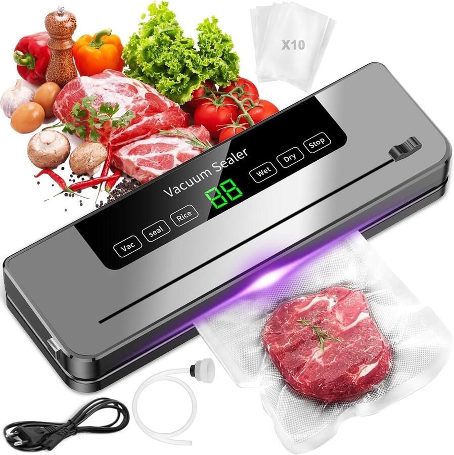 Vacuümsealer voor levensmiddelen 6-in-1 multifunctioneel vacuümapparaat voor levensmiddelen digitaal led-display het vershouden van levensmiddelen (10 vacuümzakken en 1 accessoireslang)