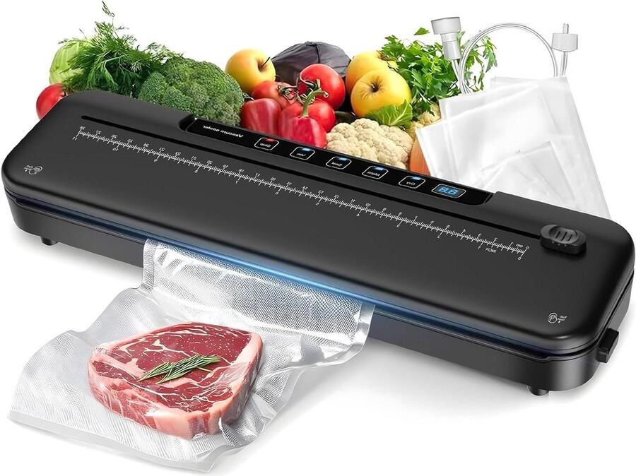 Vacuümsealer voor voedselconservering 6-in-1 voedselsealer voor versheidsopslag 75 kpa compacte vacuümsluitmachine met extern glijmes digitale afteltimer zwart