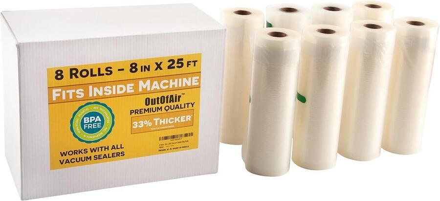 Vacuümsealerrollen Bewaarrollen Voedsel bewaren 33% dikker materiaal 8 inch x 25 voet Transparant