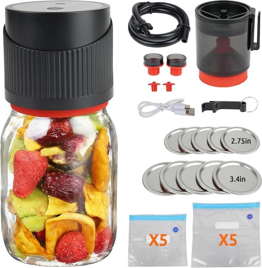 Vacuümverpakker voor glazen 4-in-1 Mason Jar vacuümmachine voor inmaakpotten met automatische stop en led-display 1200 mAh accu incl. sluitingen zakken wijnpompen en accessoires