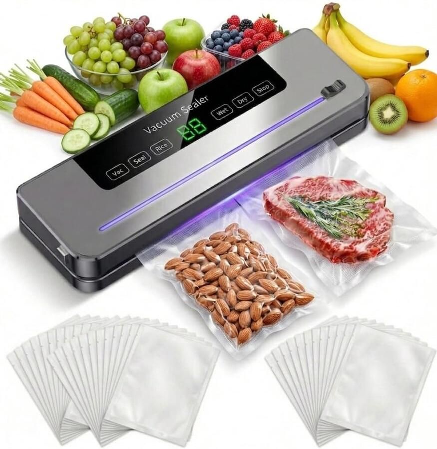 6-in-1 automatische vacuümsealer voor voedsel Vacuümsealer voor voedsel Ingebouwde snijder Droge en natte modus Digitale timer Compact en draagbaar Zwart