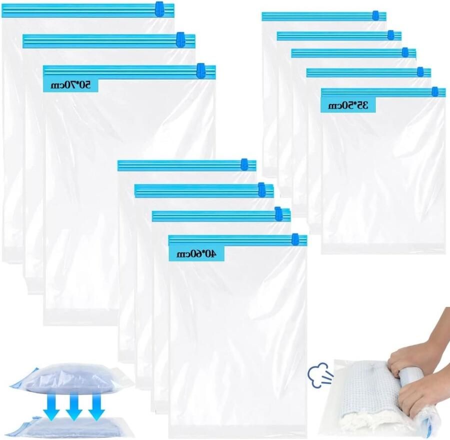 Vacuumzakken voor Kleding 12 Stuks in 3 Maten Ideaal voor Reizen Opbergtassen Ruimtebesparend en Handig voor Vakanties (5 x 35 x 50 cm 4 x 40 x 60 cm 3 x 50 x 70 cm)