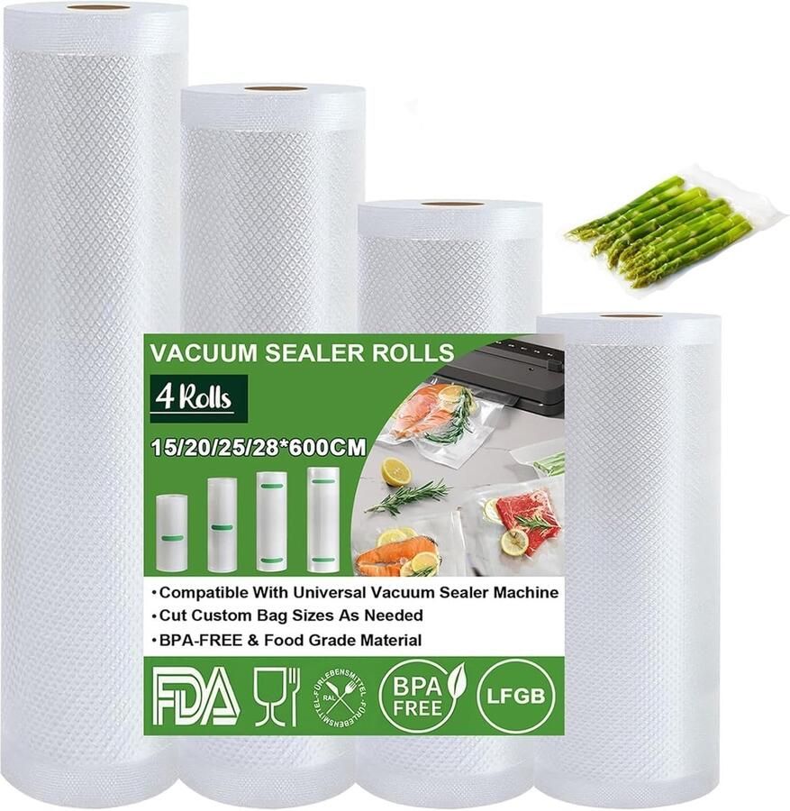 Vacuümzakken voor levensmiddelen 15 20 25 28 x 600 cm 4 rollen vacuümzakken voor levensmiddelen BPA-vrij 190 µm rol voor levensmiddelen voor vacumeren en koken van sous-vide