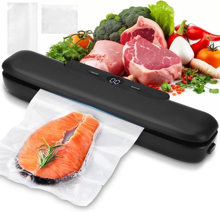 Vacuümzuiger voor levensmiddelen – Vacuümzuiger voor droge en vochtige levensmiddelen vacuümzuiger met 20 vacuümzakken ideaal voor bewaring – Zwart