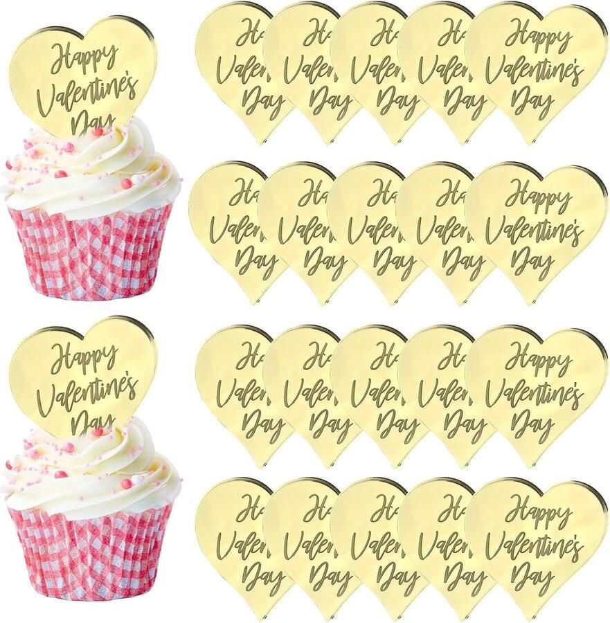 Valentijnsdag Acryl Cupcake Toppers 20 Stks Hart Cake Schijven Spiegel Acryl Cake Picks Gegraveerde Cake Topper Acryl Cake Charm Cake Decoratie Feestbenodigdheden