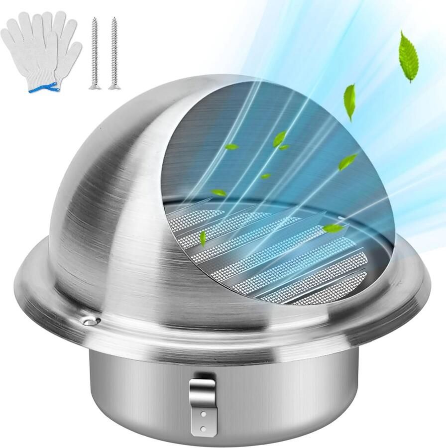 Ventilatiedeksel Droger Afzuigkap Roestvrij Staal Buiten Luchtstroom Automatische Klep Vliegenrooster 102 cm Diameter Zilverkleurig