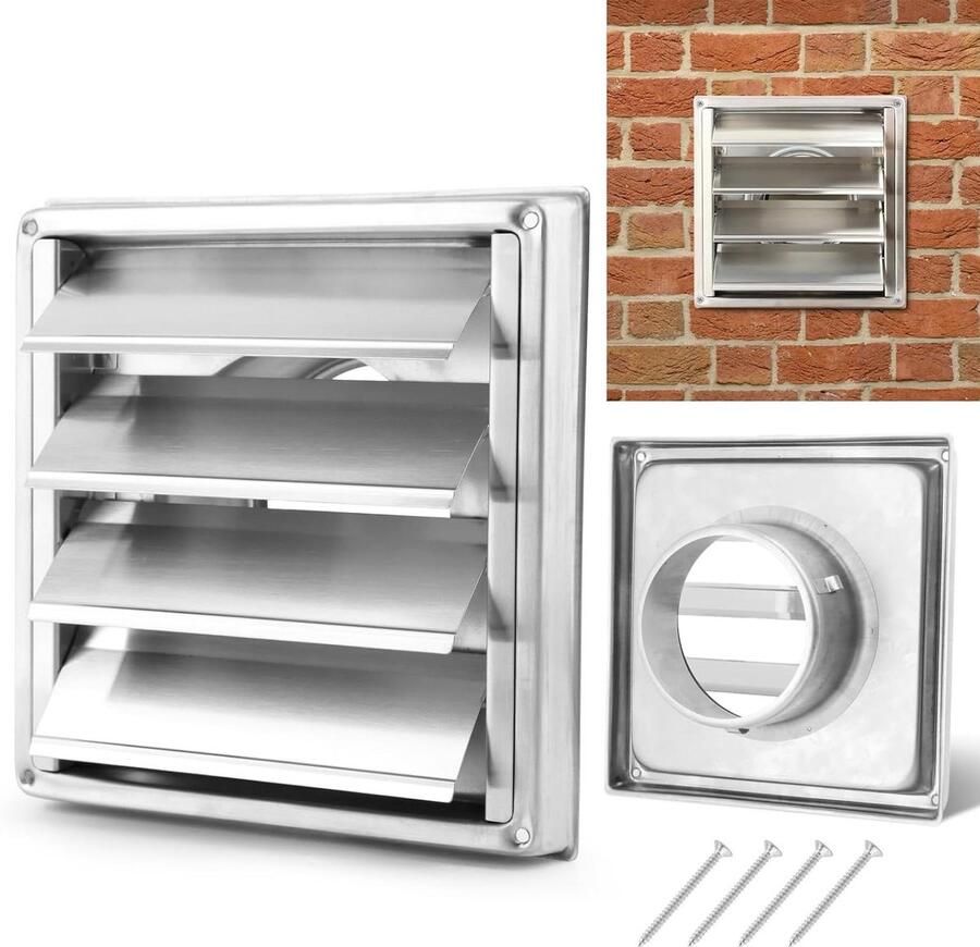 Ventilatiedeksel RVS Afzuigkap rooster Luchtstroom regelen Met roestvrijstalen luiken 184x184mm Zilver