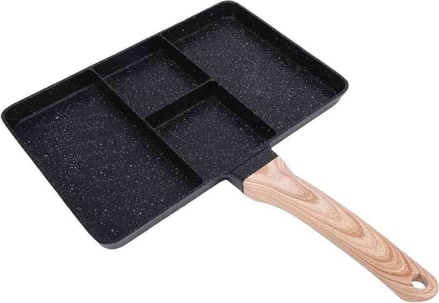 Verdeelde Grillpan Ontbijtpan Eierpan Compleet Ontbijt Maken 4-delige Kookplaat 37cm Lengte Zwart