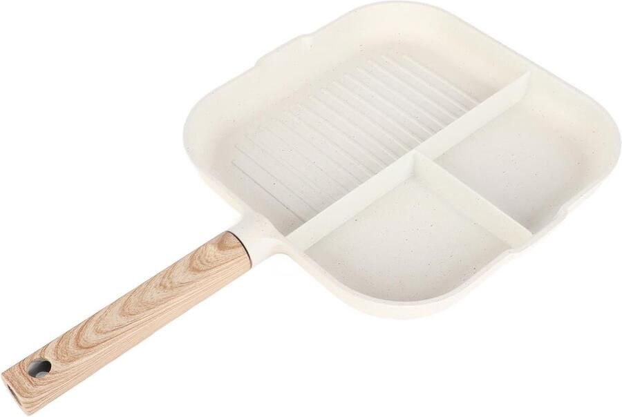 Verdeelde Koekenpan Beige 3 in 1 Anti-aanbak Koekenpan met Houten Handvat Voor Gezond Ontbijt