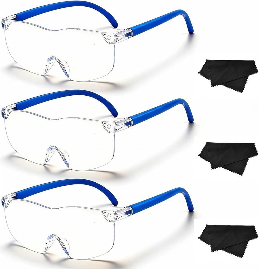 Vergrootbril 3 stuks 500% 1000% 1600% vergrotingsbril met 3 brilpoetsdoekjes vergrootbril voor brildragers anti-blauw licht brilloep voor brildragers naaien lezen en knutselen blauw