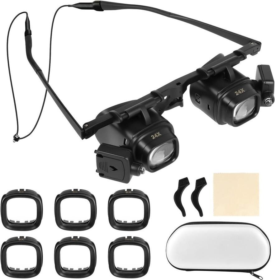 Vergrootbril met Licht Vergrootglas met 2 Ledlampen Verstelbare lens en lichthoek Loep met 4 Verwisselbare Lenzen 2X 6X 10X 24X voor Juweliers en Horlogemakers