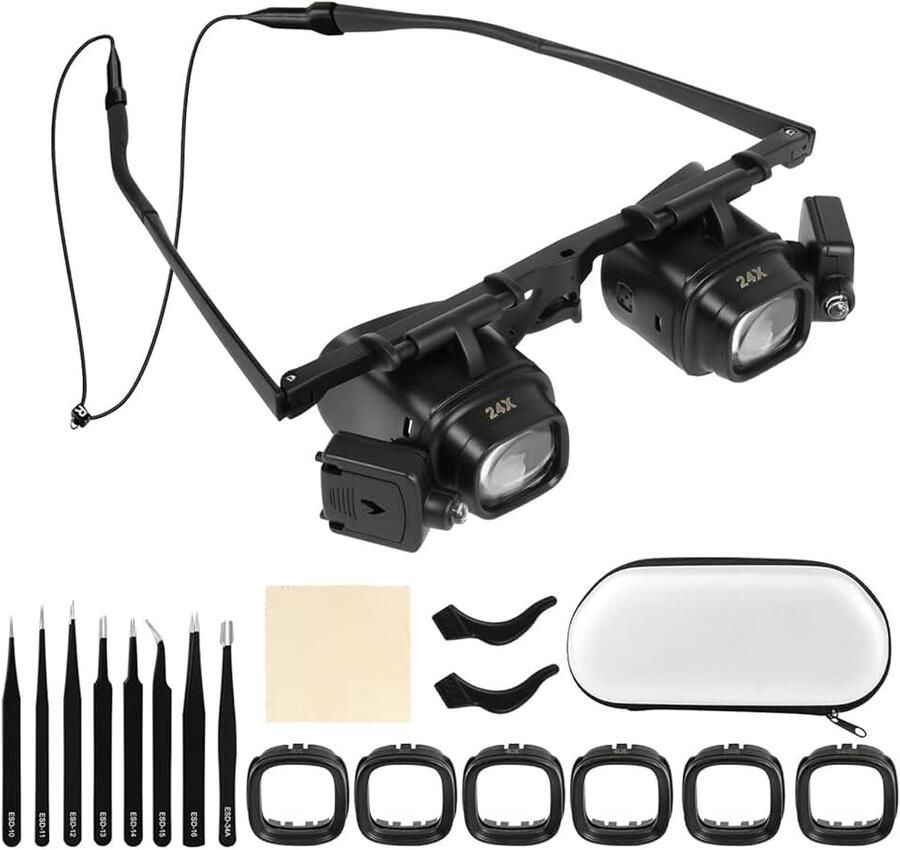 Vergrootbril met Licht Vergrootglas met 8 Pincets 2 Ledlampen Verstelbare lens en Lichthoek Loep met 4 Verwisselbare Lenzen 2X 6X 10X 24X voor Juweliers en Horlogemakers