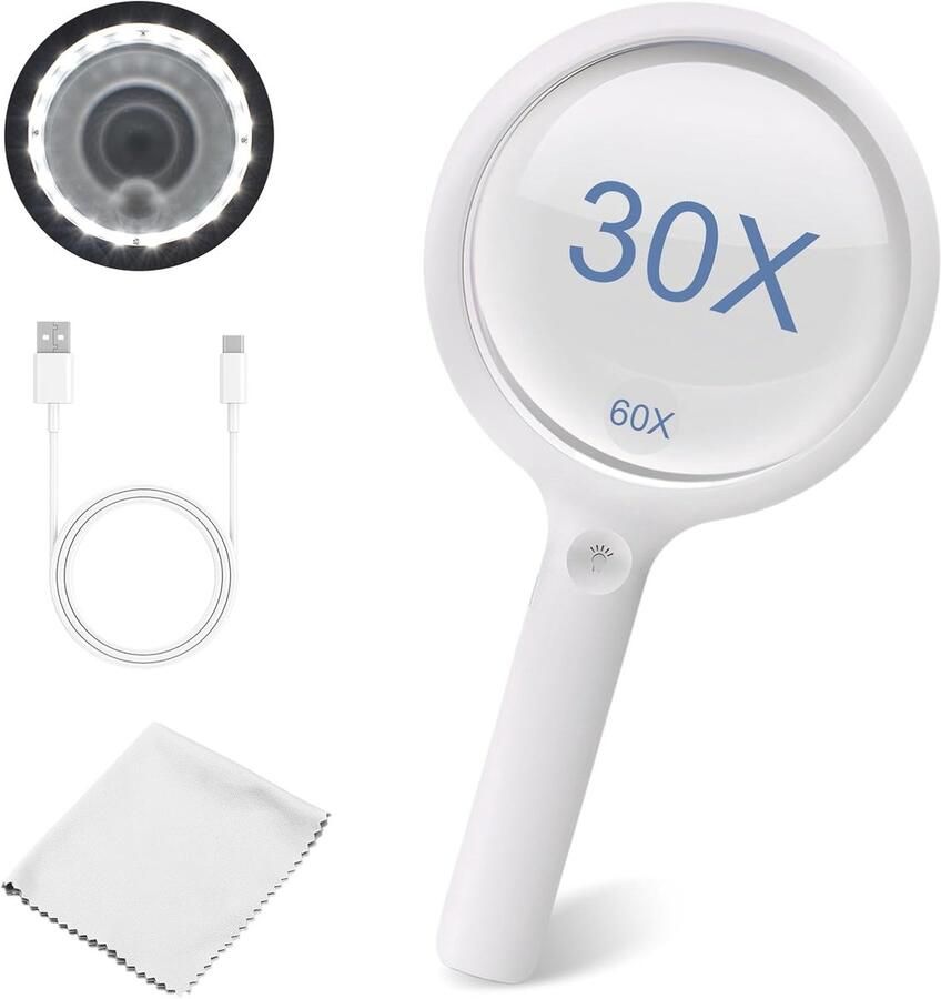 Vergrootglas met 20 LED-licht LED-vergrootglaslens 30X 60X handzaam verlicht vergrootglas met 3 lichtmodi voor senioren lezen inspectie munten dichtbij werk verkennen