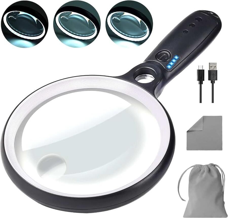 Vergrootglas met 37 LED-verlichting 10 x 20 x 45 x handbediende verlichte vergrootglas met 3 lichtmodi oplaadbaar vergrootglas voor senioren lezen inspectie (wit en zwart)
