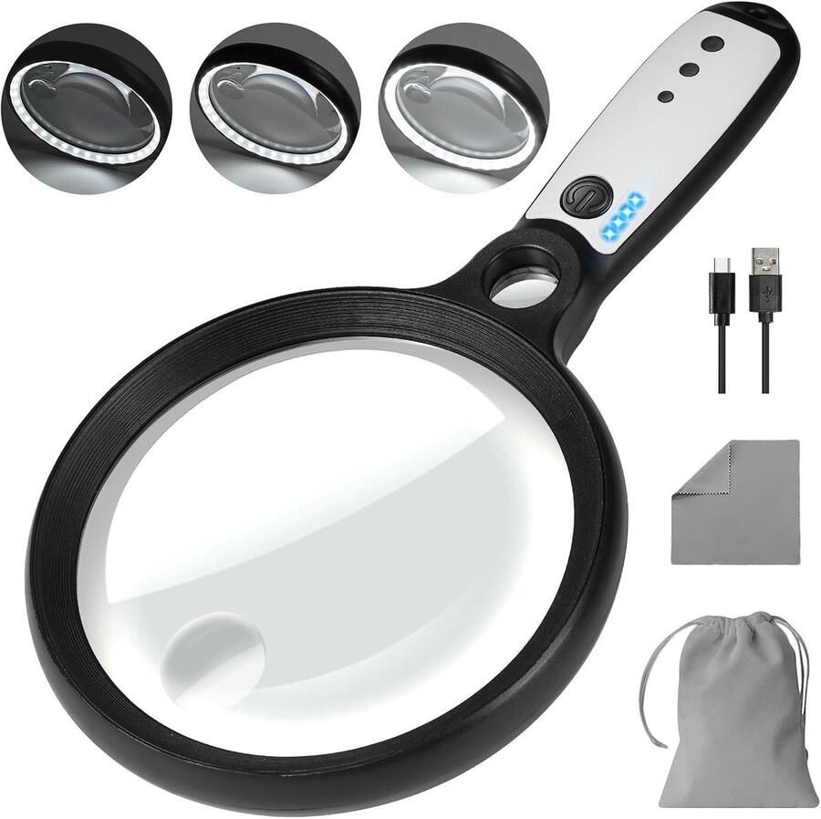 Vergrootglas met 37 LED-verlichting 10 x 20 x 45 x handbediende verlichte vergrootglas met 3 lichtmodi oplaadbaar vergrootglas voor senioren lezen inspectie (zwart en wit)