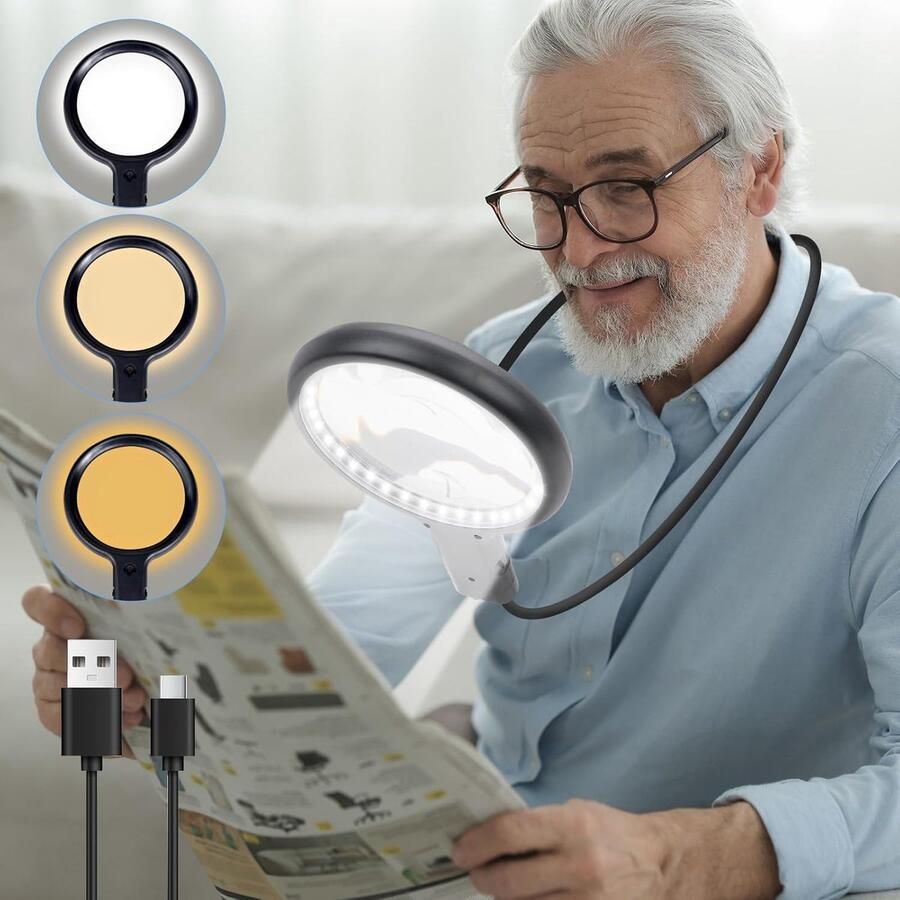 Vergrootglas met 5-voudige vergroting 15-voudige vergroting met licht handsfree vergroting voor het lezen 3 kleurmodi oplaadbare vergrotingslenzen voor ouderen borduurwerk reparaties