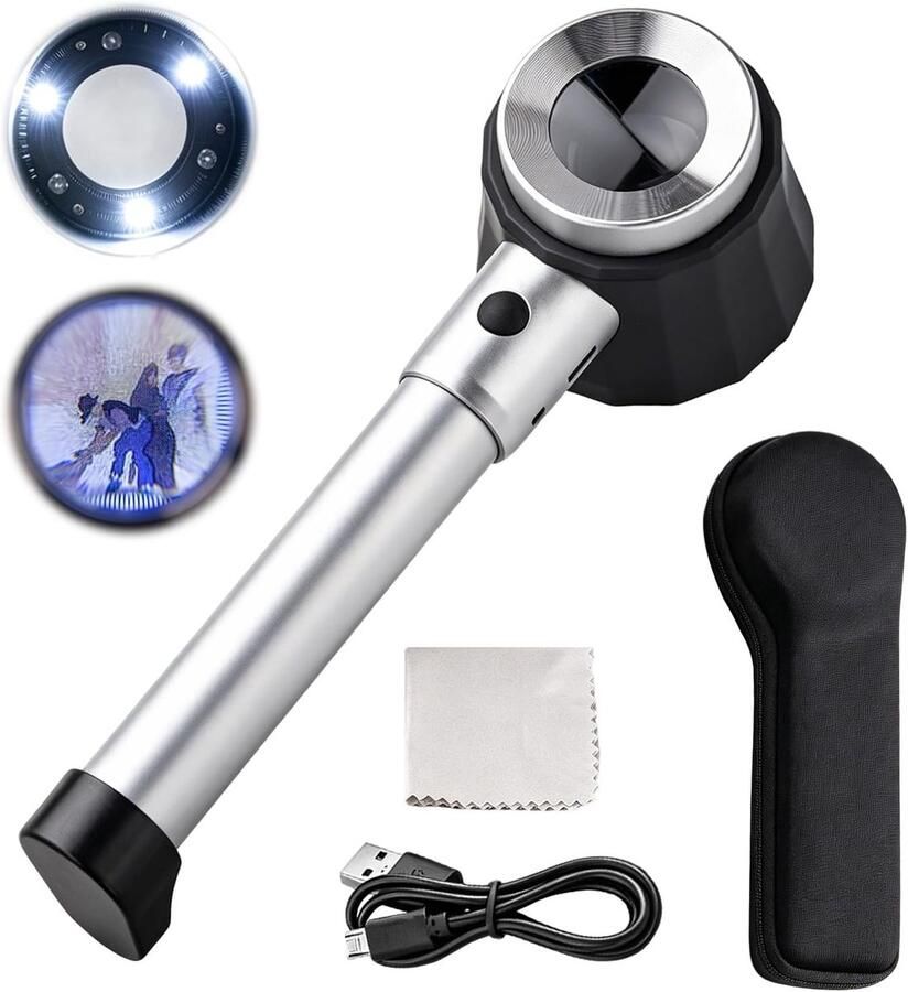 Vergrootglas met licht 45-voudig lamp met loep dermatoscoop met meetschaal leesloep voor senioren handvergrootglas met 3 leds afneembare handgreep oplaadbaar voor dermatoscopie juweliers