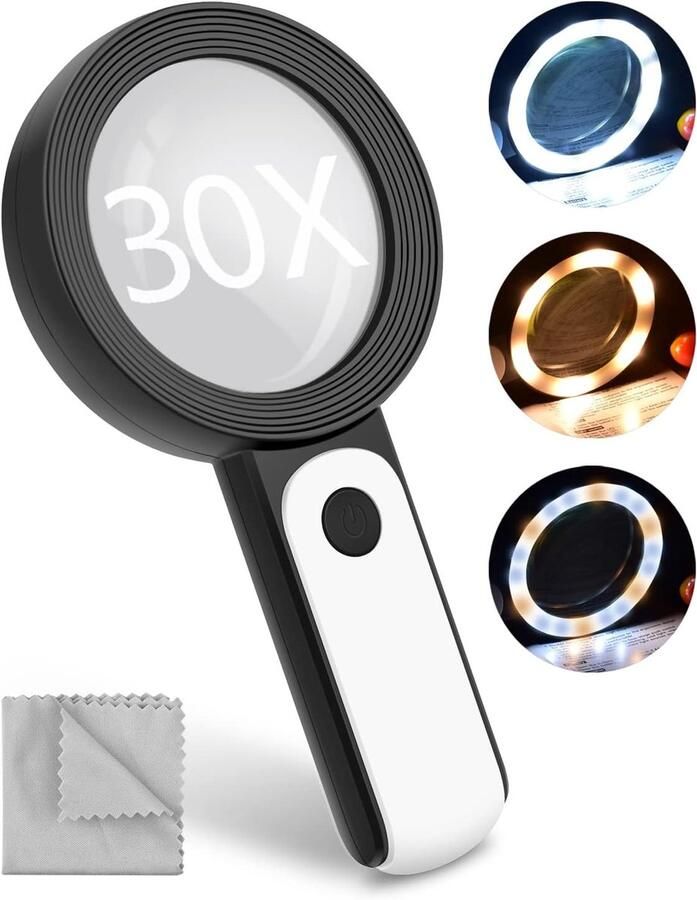 Vergrootglas met Licht BROTOU 30-Voudige Leesloep met 18 Leds 3 modi Handloep met Dubbele Glazen Lens Leesloep met Licht voor Senioren Lezen Hobby Handwerk Munten Postzegels Inspectie