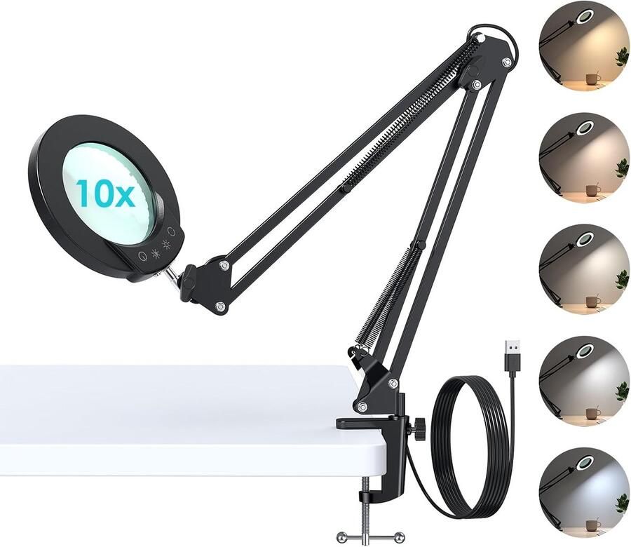 Vergrootglas met licht dimbaar aanraakbediening groene glazen lens 8x vergrootglas met licht en standaard met metalen clip zwenkarm geschikt voor lezen en voor doe-het-zelf ie