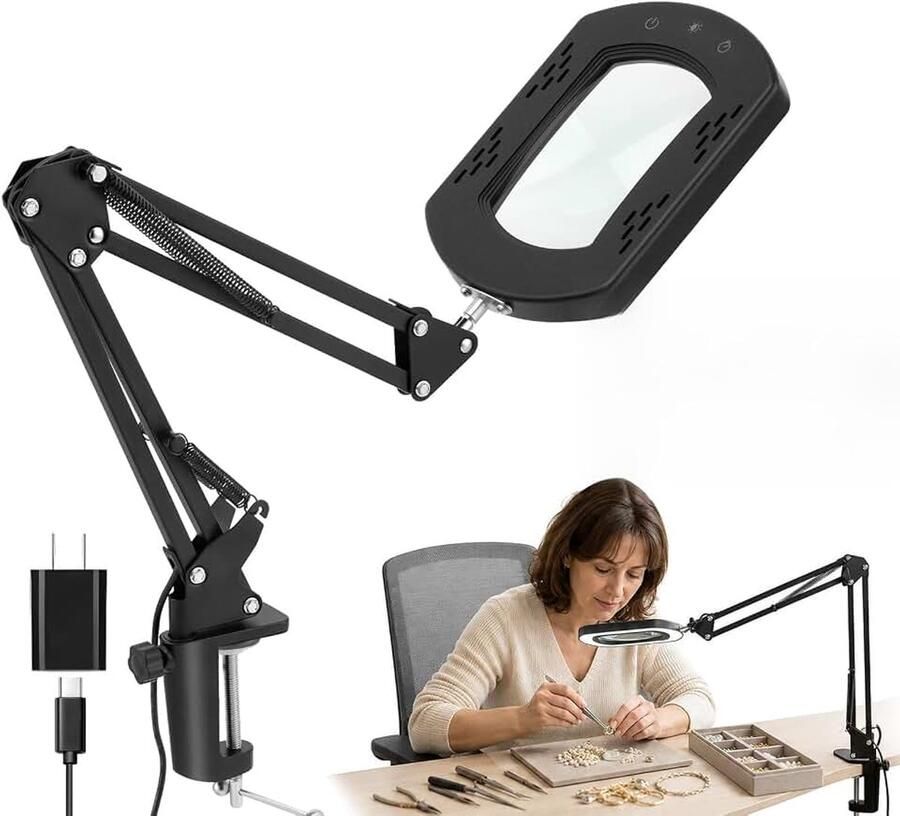 Vergrootglas met licht en klem 10x led-vergrootlamp met traploos dimmen 5 kleurmodi dimbaar tafelloep met verlichting voor handwerk lezen schilderen verstelbare zwenkarm vergrootlamp voor