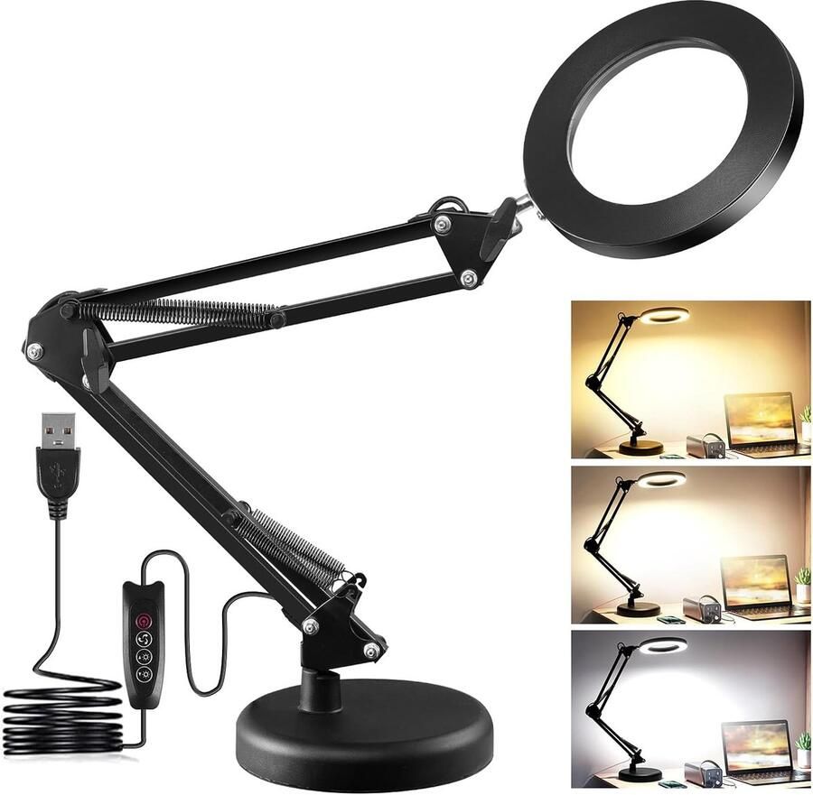 Vergrootglas met licht en standaard 10-voudige loeplamp met klem leesloep staande loep 3 kleuren en traploos led-bureaulamp voor reparatie werk en leren