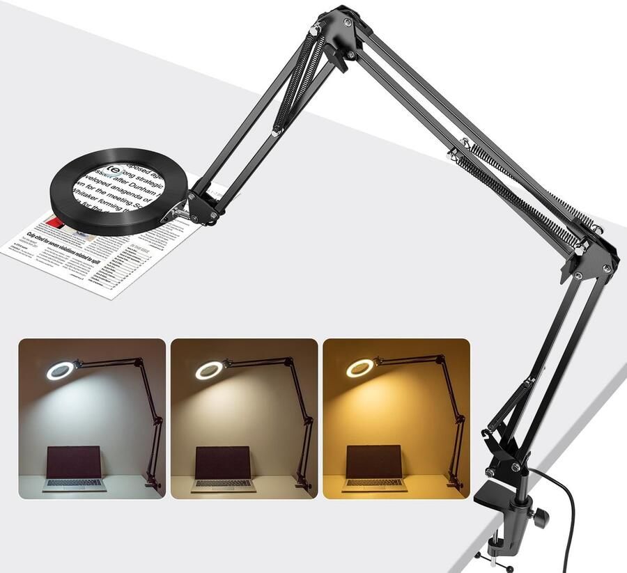 Vergrootglas met licht en standaard 10 x 15 x vergrootlamp met klem en 3 zwenkarm bureaulamp met 3 kleurmodi dimbaar led-vergrootlamp voor hobby knutselen werkplek led-leeslamp