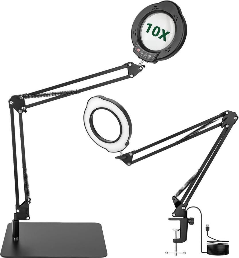 Vergrootglas met licht en standaard 10 x led-vergrootlamp met grote zwenkarm 5 kleurmodi 10 traploos dimbaar 2-in-1 vergrootlamp met klem en basis leesloep voor senioren tafelloep