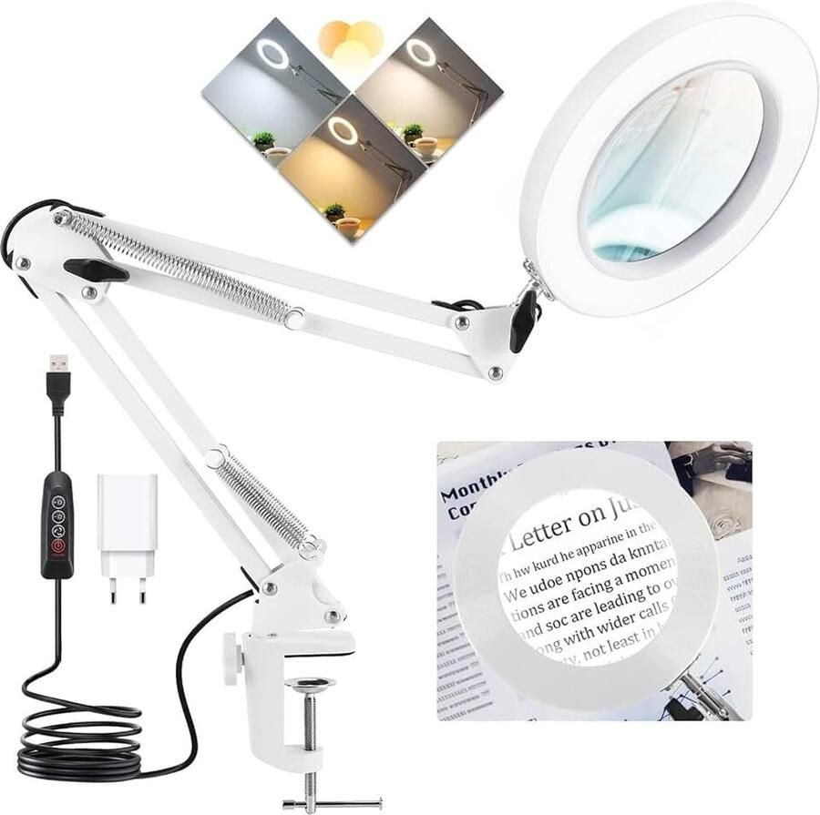 Vergrootglas met licht en standaard 10 x led-vergrootlamp met klem led-vergrootlamp met 3 kleurmodi dimbaar lamp met vergrootglas voor ambachtelijke reparaties en close-ups tafelloep