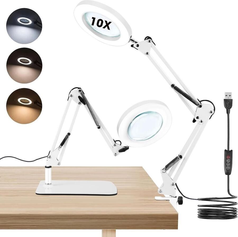 Vergrootglas met licht en standaard 10 x vergrootlamp met klem en grote basis 72 dimbare leds 3 kleurmodi 10 helderheidsniveaus tafelloep met verlichting voor naaien sieraden lezen