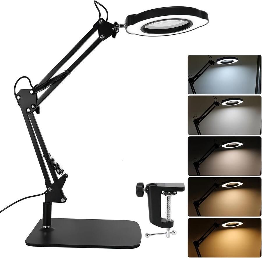 Vergrootglas met licht en standaard 10 x vergrootlamp met licht 5 kleurmodi traploos dimbaar tafelvergrootglas met verlichting grote basis vergrootglas met lamp voor lezen knutselen hobby's en