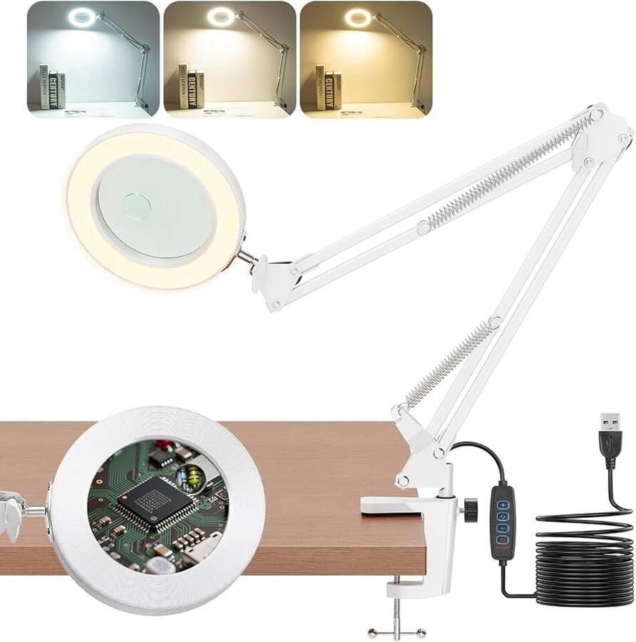 Vergrootglas met licht en standaard 10x 8x led-vergrootlamp met klem bureauvergrootlamp met 3 kleurmodi dimbaar voor hobby knutselen repareren lezen