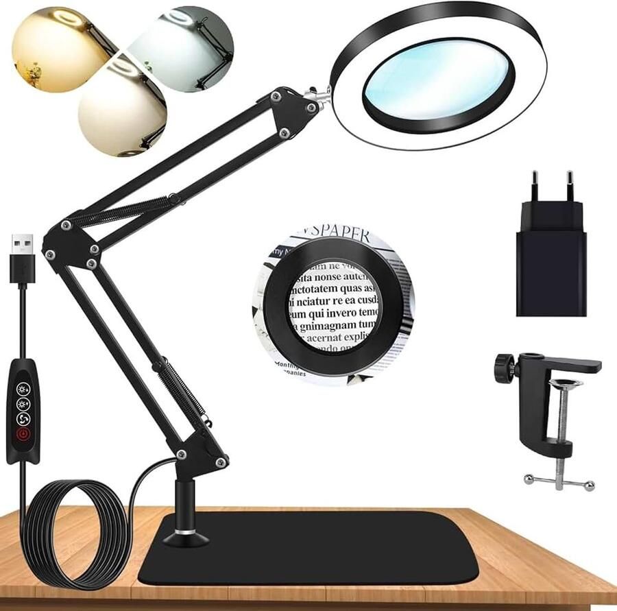 Vergrootglas met licht en standaard 10X vergrootlamp verbeterde extra grote basis 3 kleurmodi 10 helderheidsniveaus tafelvergrootglas met verlichting voor repareren knutselen en lezen