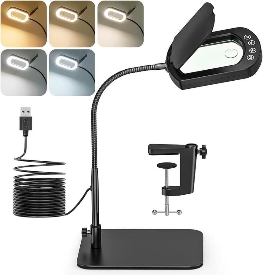 Vergrootglas met licht en standaard 15 x 10 x vergrootglas en licht met stofbescherming vergrootlamp met 5 kleurmodi traploos dimbaar vergrootlamp met touch-knop voor hobby