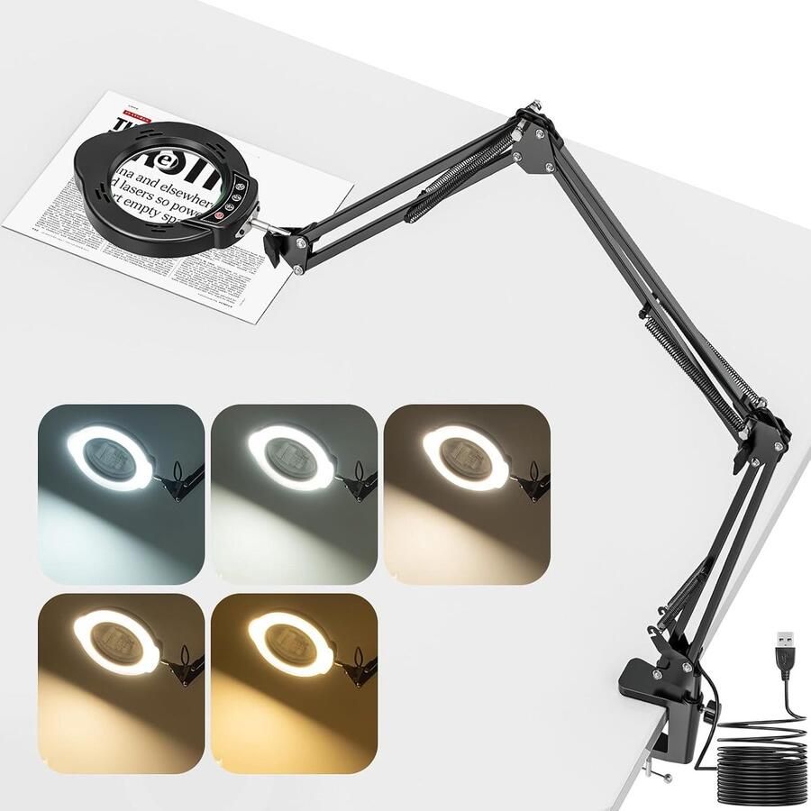 Vergrootglas met licht en standaard 15x 10x vergrootlamp met klem en 3 draaibare armen bureauvergrootlamp met 5 kleurmodi en 10 helderheid voor hobbyambachten lezen repareren