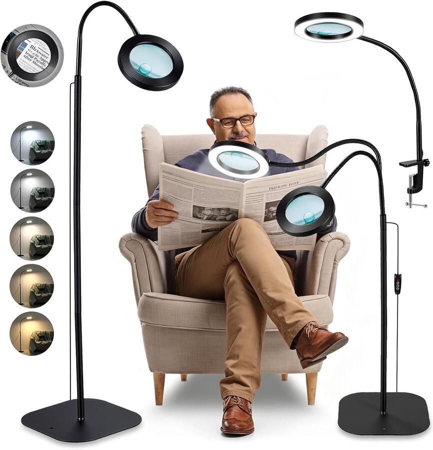 Vergrootglas met licht en standaard 3-in-1 leesloep met licht voor senioren 5 kleurmodi dimbaar 10X 20x echte glazen lenzen met klem en voet led-staande loep voor lezen naaien knutselen fijn