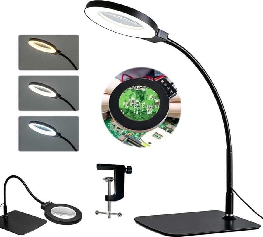 Vergrootglas met licht en standaard 30x vergrootlamp met 72 leds en klem leesloep voor senioren 3 instelbare kleuren 5 helderheidsniveaus flexibele zwanenhals led-verlichte bureaulamp